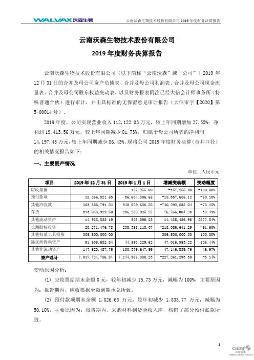 沃森生物：2019年度财务决算报告