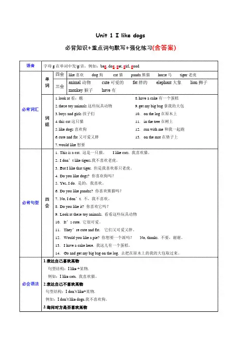 译林版三起四年级英语上册单元速记·巧练Unit1必备知识(复习讲义)(附答案)