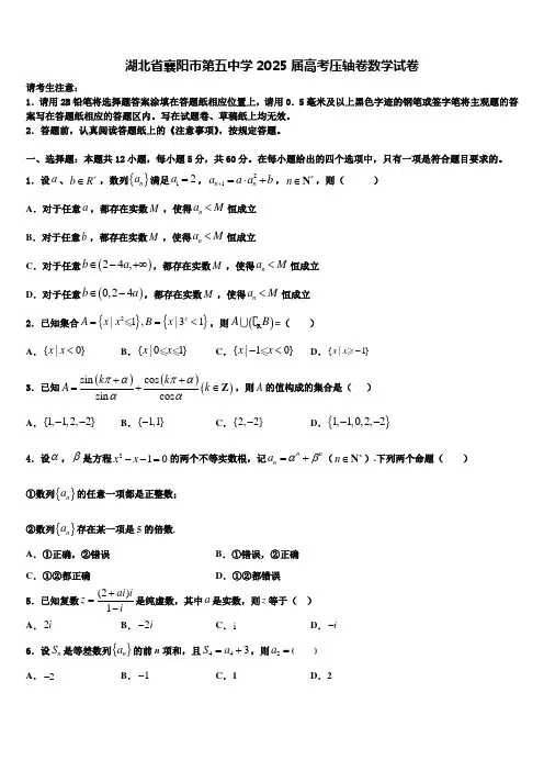 湖北省襄阳市第五中学2025届高考压轴卷数学试卷含解析