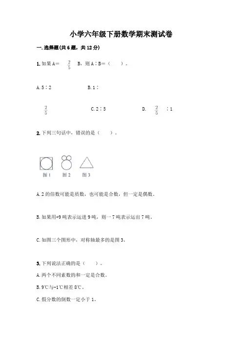 小学六年级下册数学期末测试卷(考试直接用)