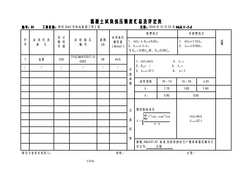 混凝土的试块抗压强度汇总情况及评定表