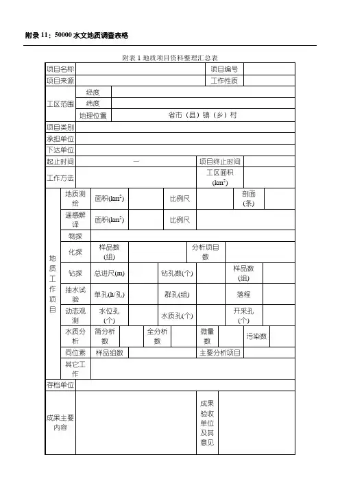 1-1：50000水文地质调查规范附表格模板