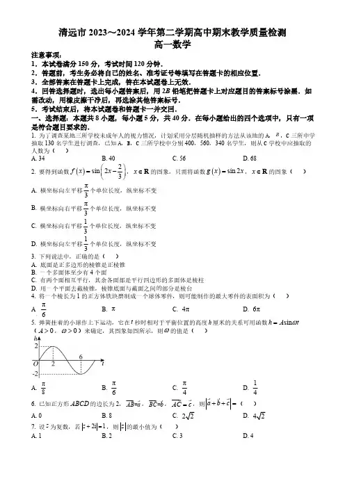 广东省清远市2023-2024学年高一下学期7月期末考试 数学试题(含答案)