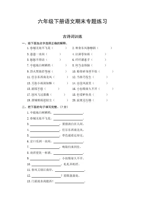 人教部编版六年级下册语文期末复习古诗词专项测评卷(含答案)