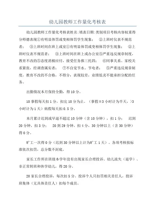 幼儿园教师工作量化考核表