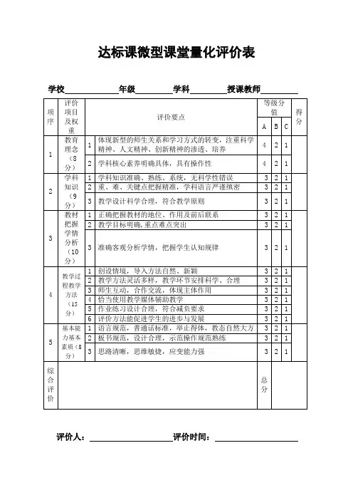 最新达标课微型课堂量化评价表