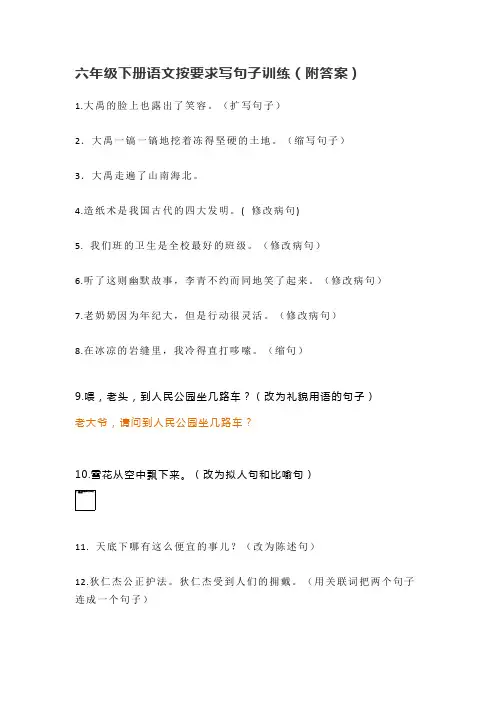 人教部编版六年级下册语文按要求写句子训练-附答案