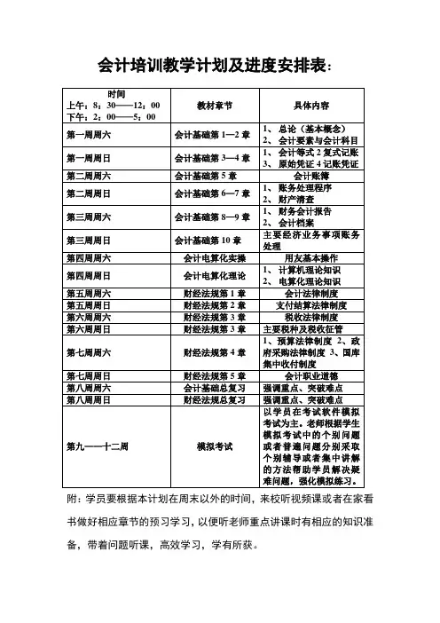 会计培训教学计划及进度安排表