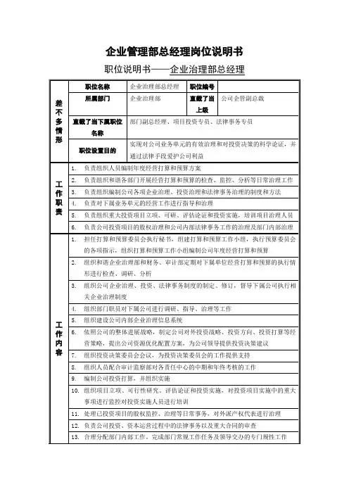 企业管理部总经理岗位说明书