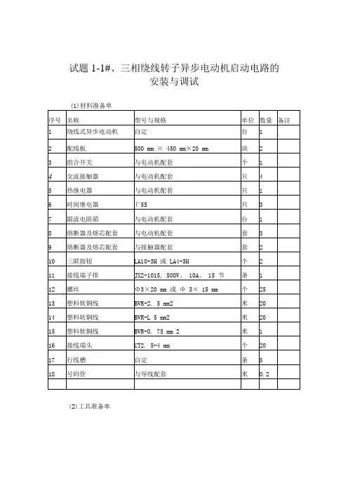 维修电工中级操作技能考核准备通知单(考场)