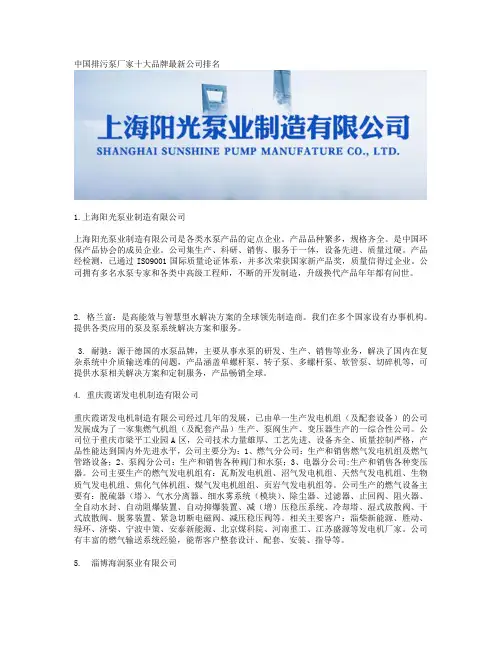 中国排污泵厂家十大品牌最新公司排名