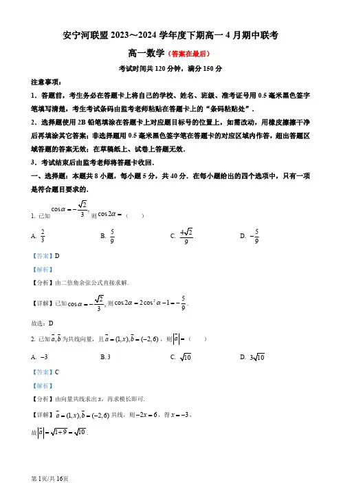 四川省凉山州安宁河联盟2023-2024学年高一下学期4月期中联考数学试题含答案