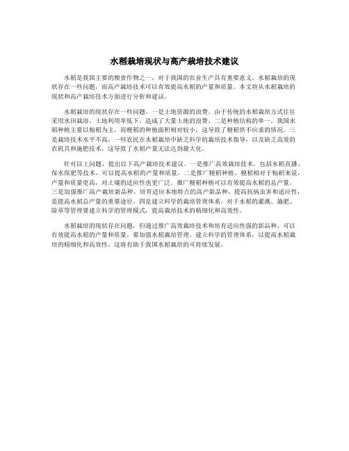 水稻栽培现状与高产栽培技术建议