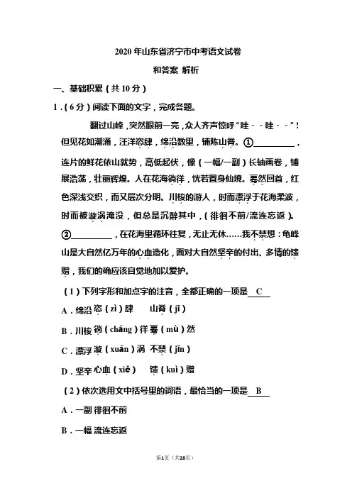 2020年山东省济宁市中考语文试卷和答案解析