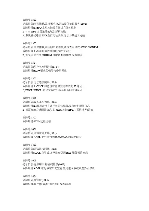 IPTV部分错误代码和原因解释