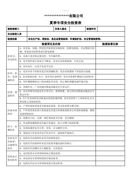 夏季高温专项安全检查表