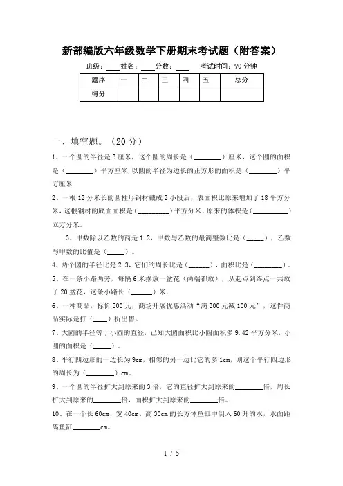 新部编版六年级数学下册期末考试题(附答案)