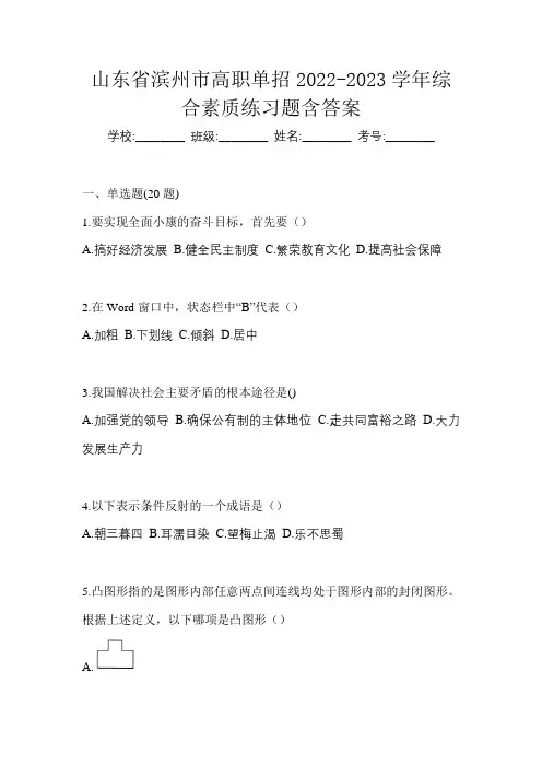 山东省滨州市高职单招2022-2023学年综合素质练习题含答案