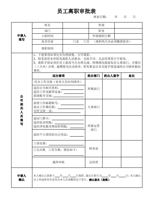 员工离职审批表