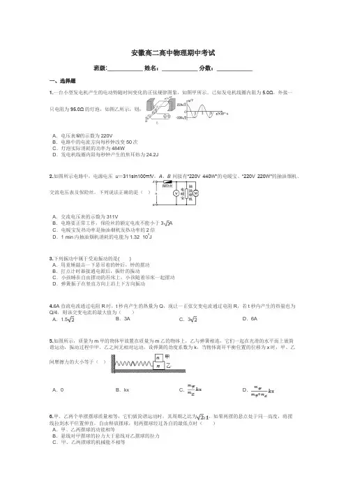 安徽高二高中物理期中考试带答案解析
