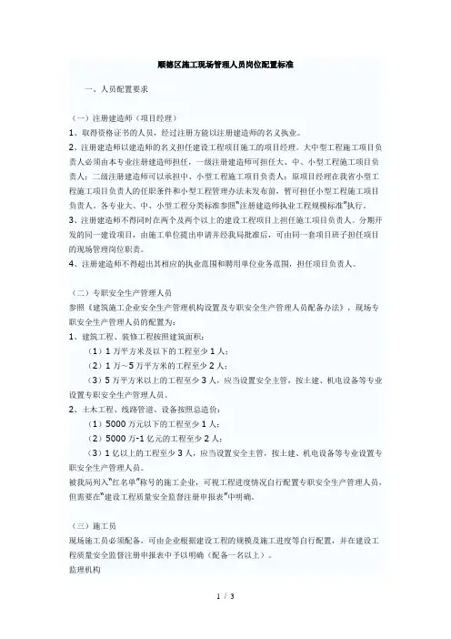 施工现场管理人员岗位配置标准
