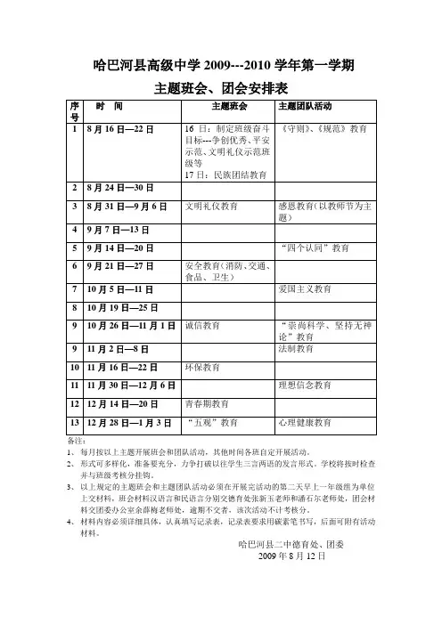 2009---2010学年第一学期主题班会、主题团活动课安排表