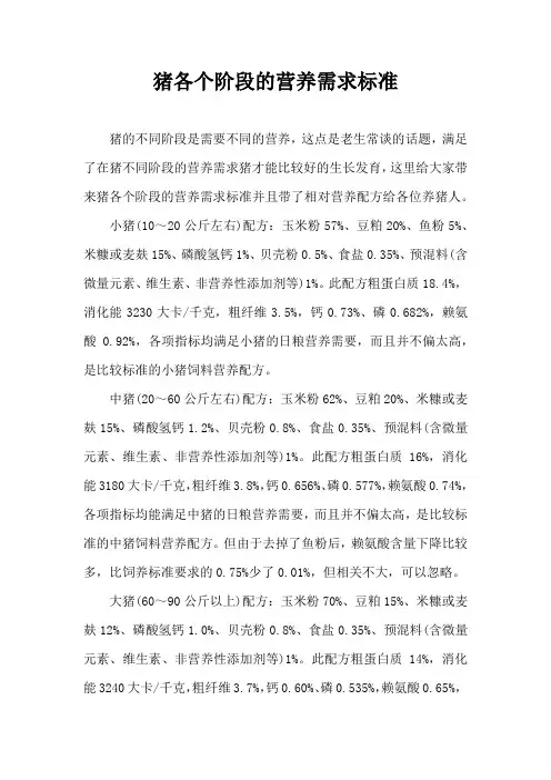 猪各个阶段营养需求
