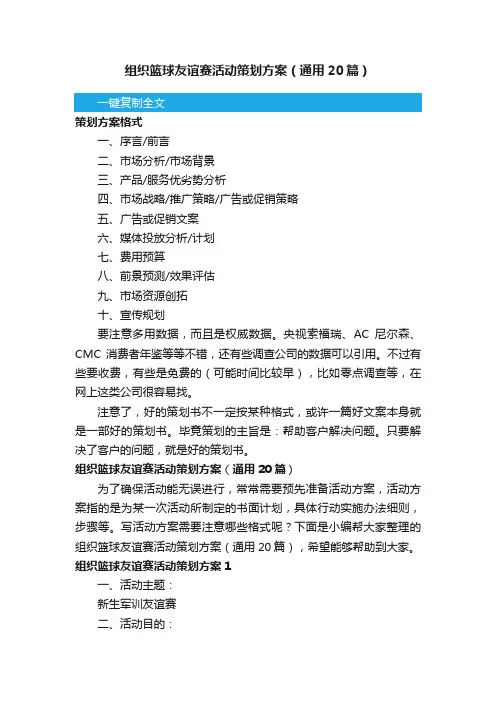 组织篮球友谊赛活动策划方案（通用20篇）