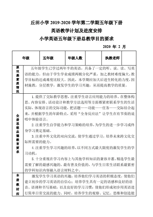 丘田小学2019-2020学年第二学期五年级下册英语教学计划及进度安排