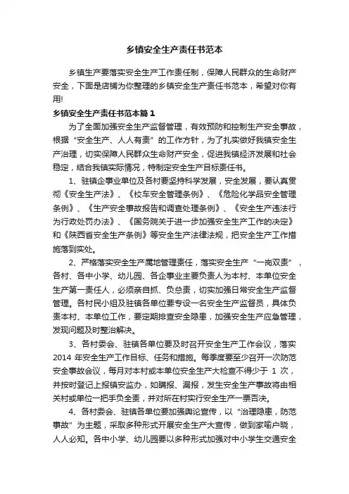 乡镇安全生产责任书范本