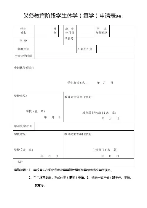 义务教育阶段学生休学(复学)申请表