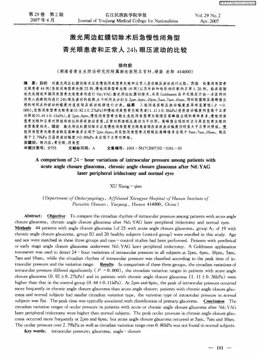 激光周边虹膜切除术后急慢性闭角型青光眼患者和正常人24h眼压波动的比较