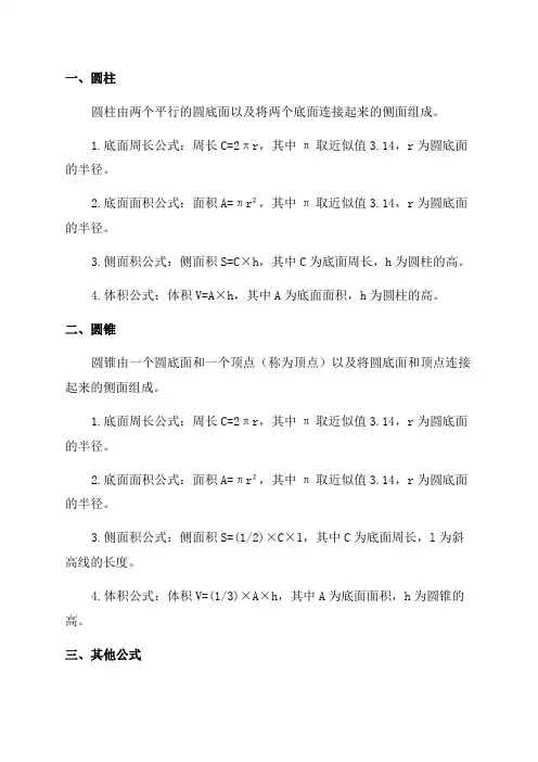 六年级数学圆柱圆锥等有关公式