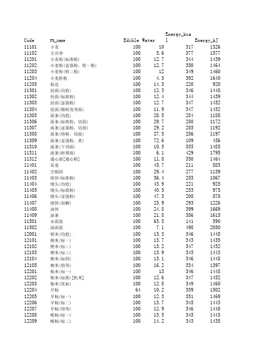 中国食品成分表excell