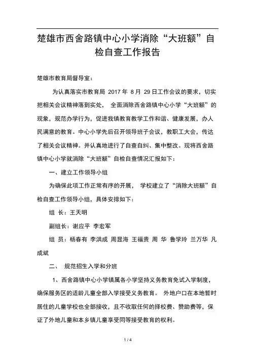 中心小学消除“大班额”自检自查工作报告