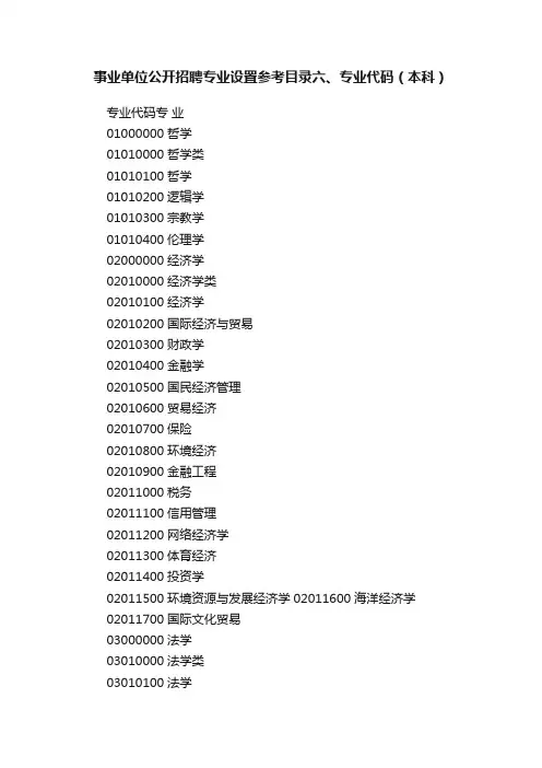 事业单位公开招聘专业设置参考目录六、专业代码（本科）