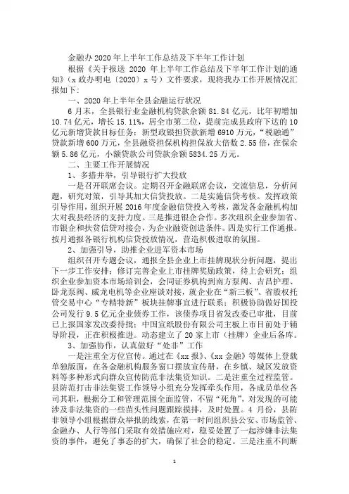 金融办2020年上半年工作总结及下半年工作计划