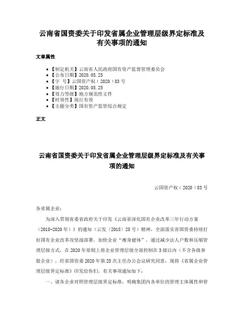 云南省国资委关于印发省属企业管理层级界定标准及有关事项的通知