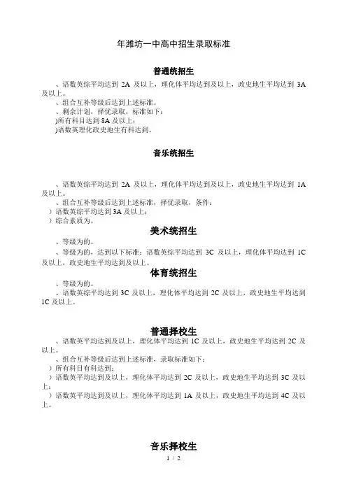 潍坊一中高中招生录取标准