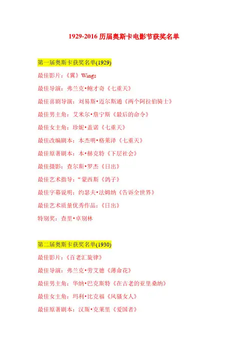 1929-2016历届奥斯卡完全获奖名单.