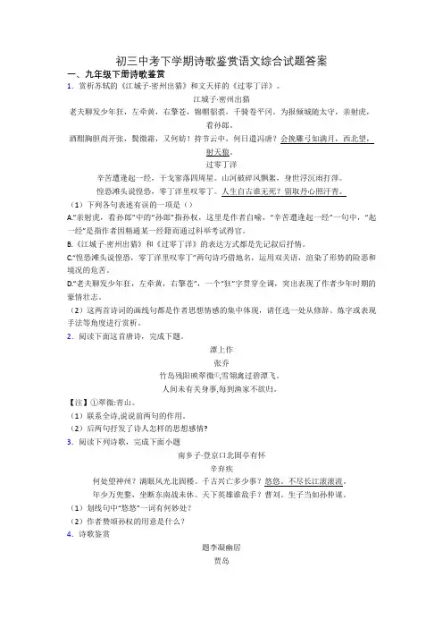 初三中考下学期诗歌鉴赏语文综合试题答案