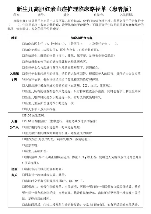 前：新生儿高胆红素血症护理临床路径单(患者版)