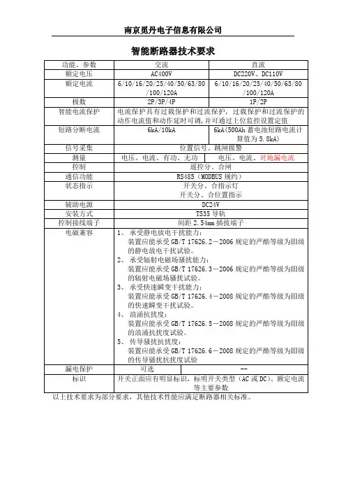 智能断路器(智能微断)技术要求