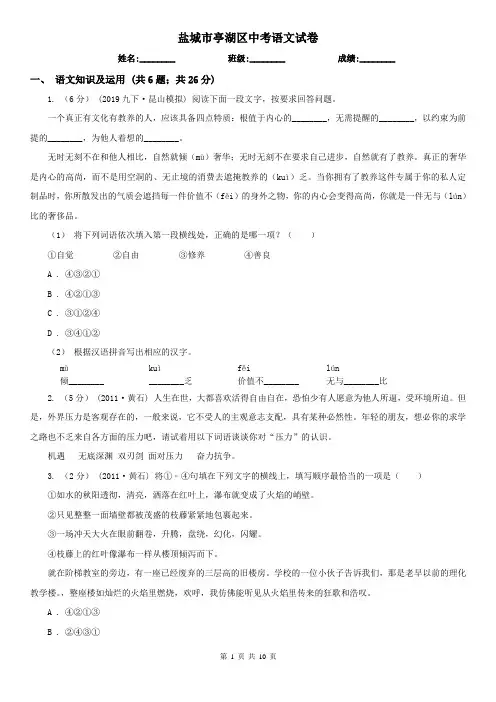 盐城市亭湖区中考语文试卷