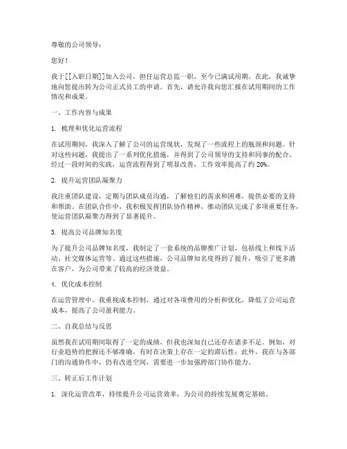 运营总监转正申请书模板