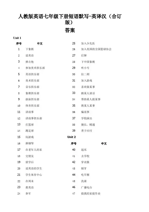 人教版英语七年级下册短语默写--英译汉(合订版)