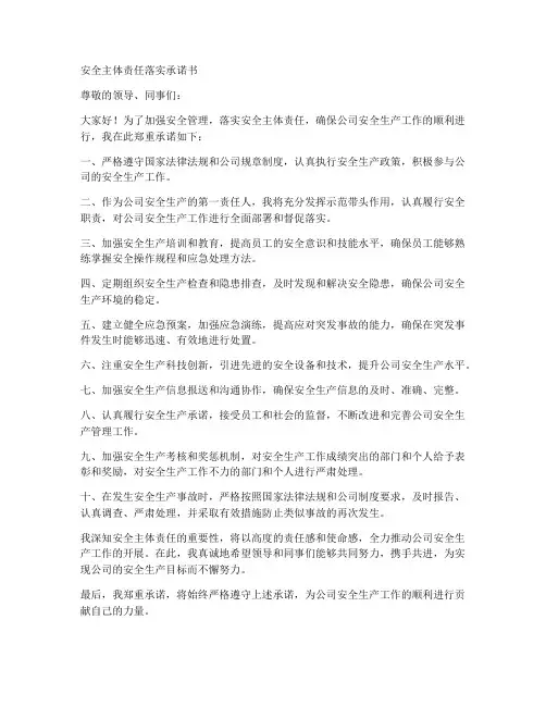 安全主体责任落实承诺书