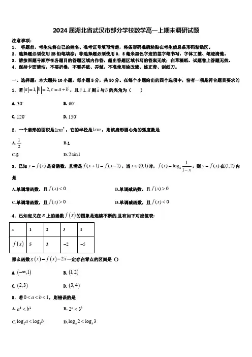 2024届湖北省武汉市部分学校数学高一上期末调研试题含解析