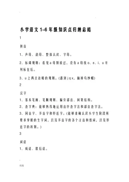 小学语文1-6年级知识点归纳总结