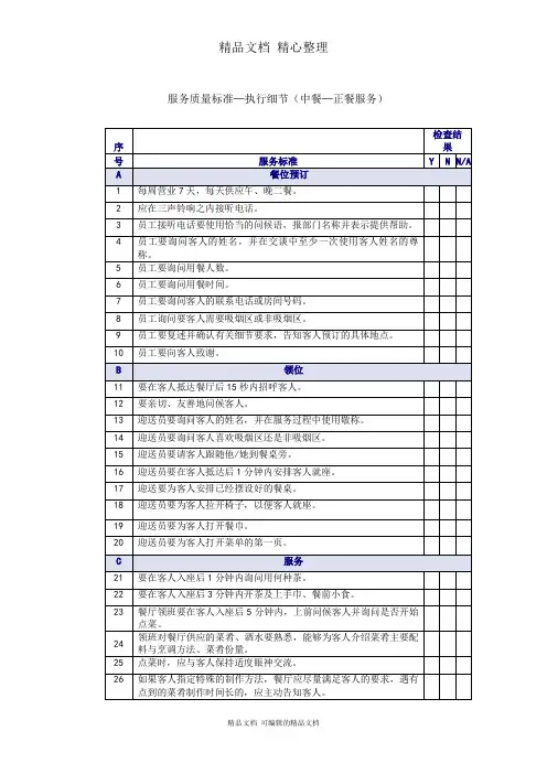 中餐正餐服务质量检查表